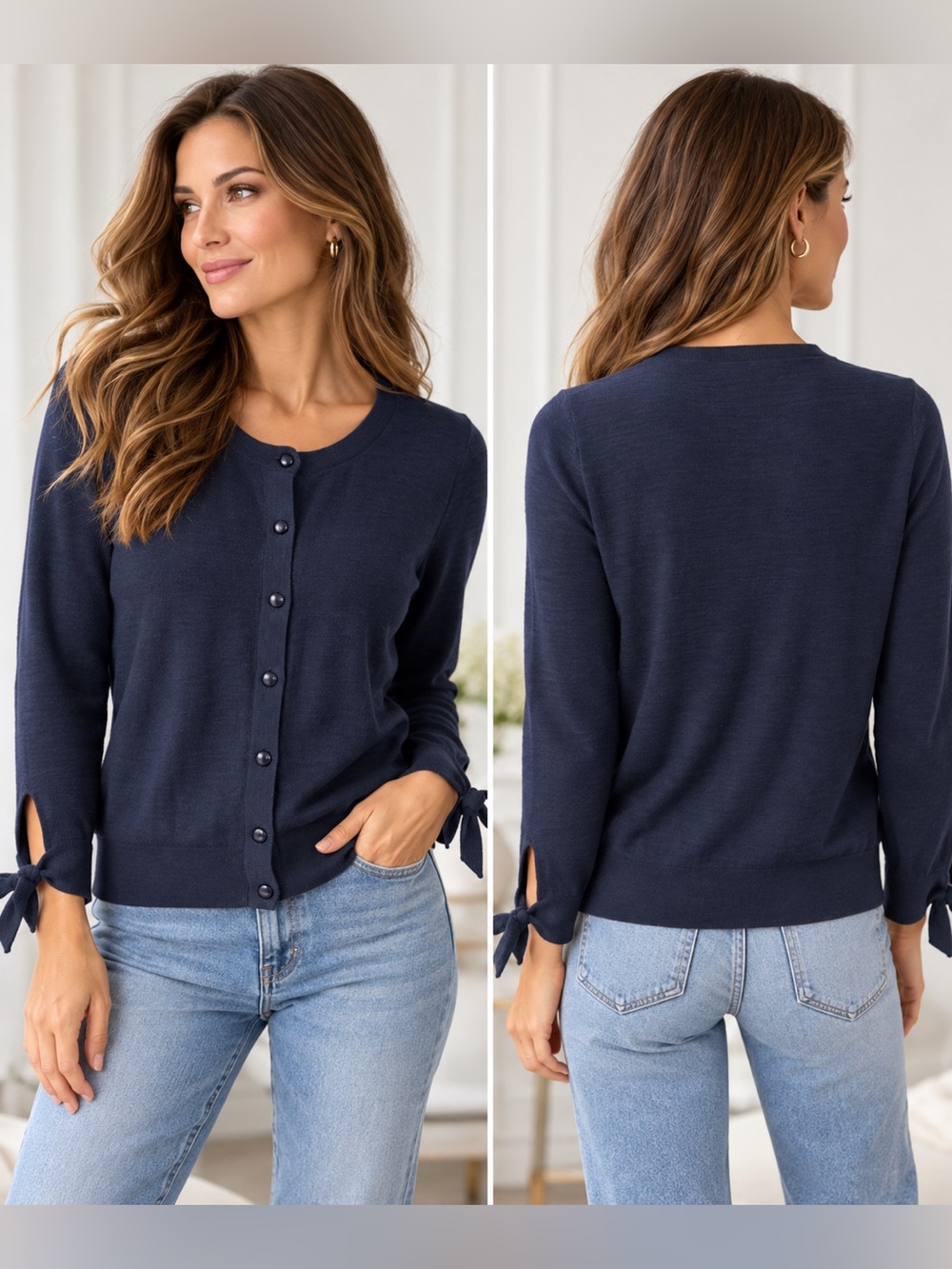 LOFT Navy Blue Cotton Cardigan M Button Front Tie Cuff Sweater Fall Workwear